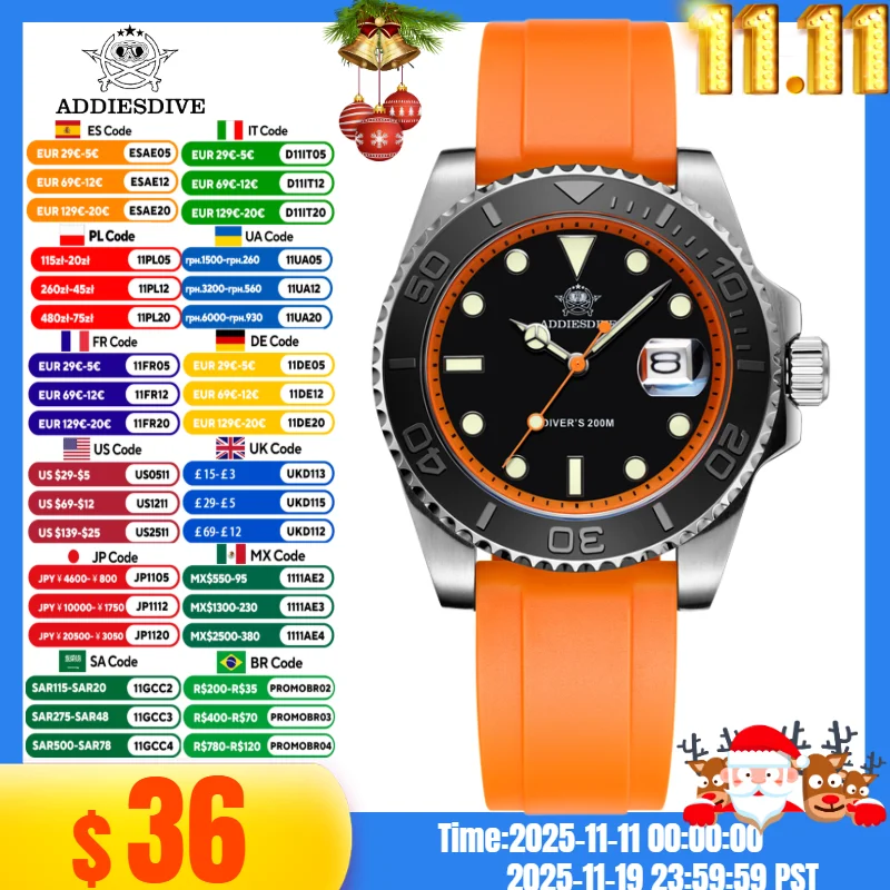 ADDIESDIVE AD2040 NEW Fasion Sport Watch TPU Watch Band 20Bar Waterproof BGW9 Super Luminous Watch For Men Quartz Montre Homme