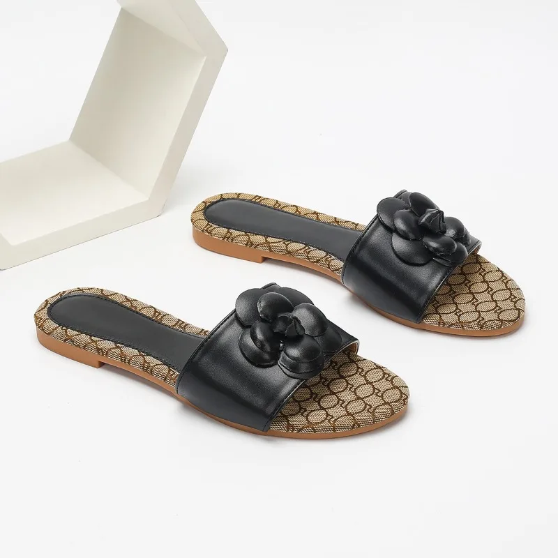 أنيقة الأسود كاميليا الديكور النعال المسطحة المرأة الصيف المفتوحة تو الشرائح الصنادل مريحة خفيفة عدم الانزلاق حذاء كاجوال #4