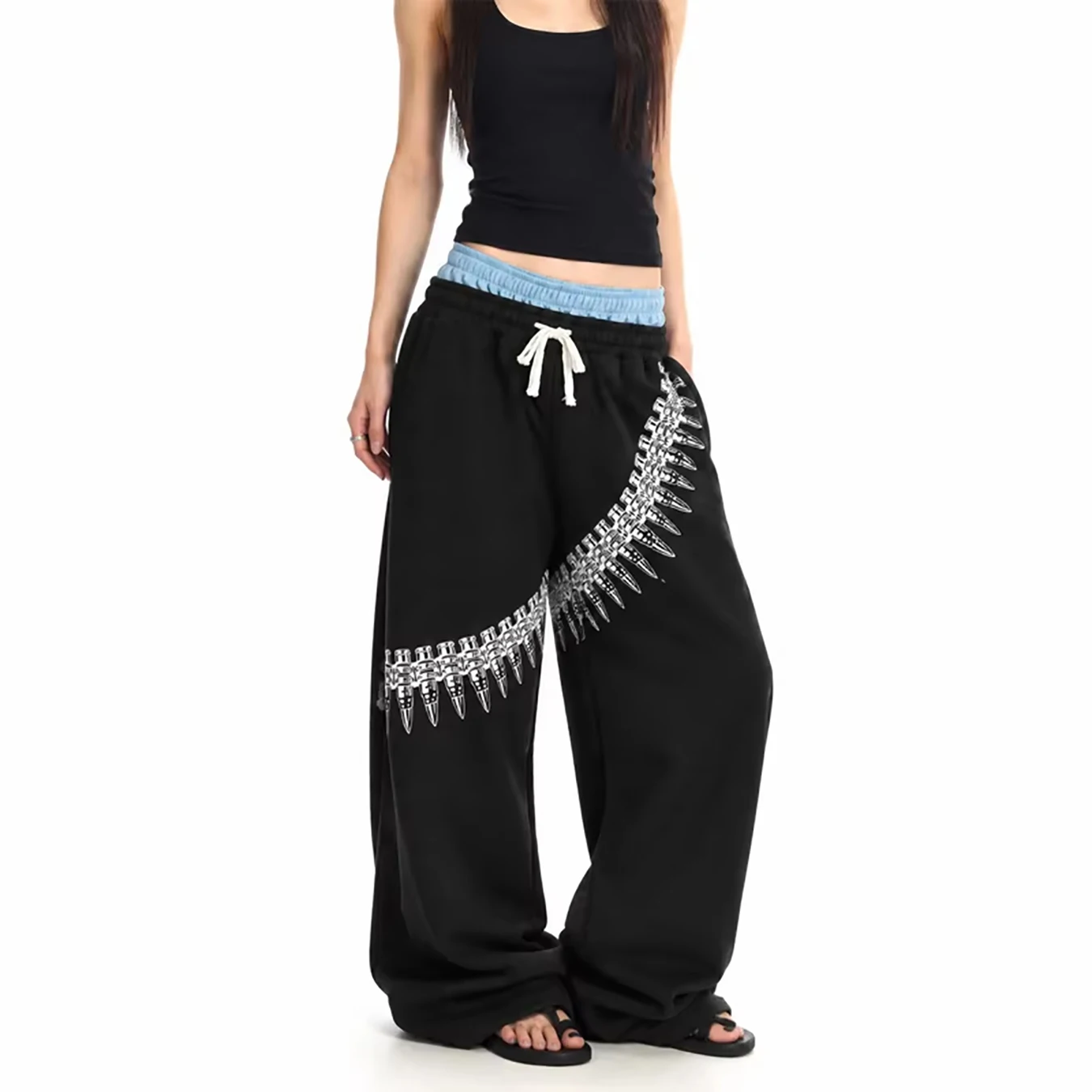 Autumn and Winter Retro New Y2K Double Waist Bullet Printed Street Casual Straight Tube Hoodie