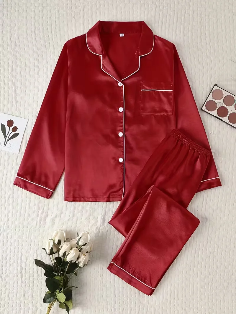 

Women Autumn Winter Silk Pajamas Set Casual Soft Breathable and Relaxed Fit Long Shirt Tops and Long Pants Sleepwear
