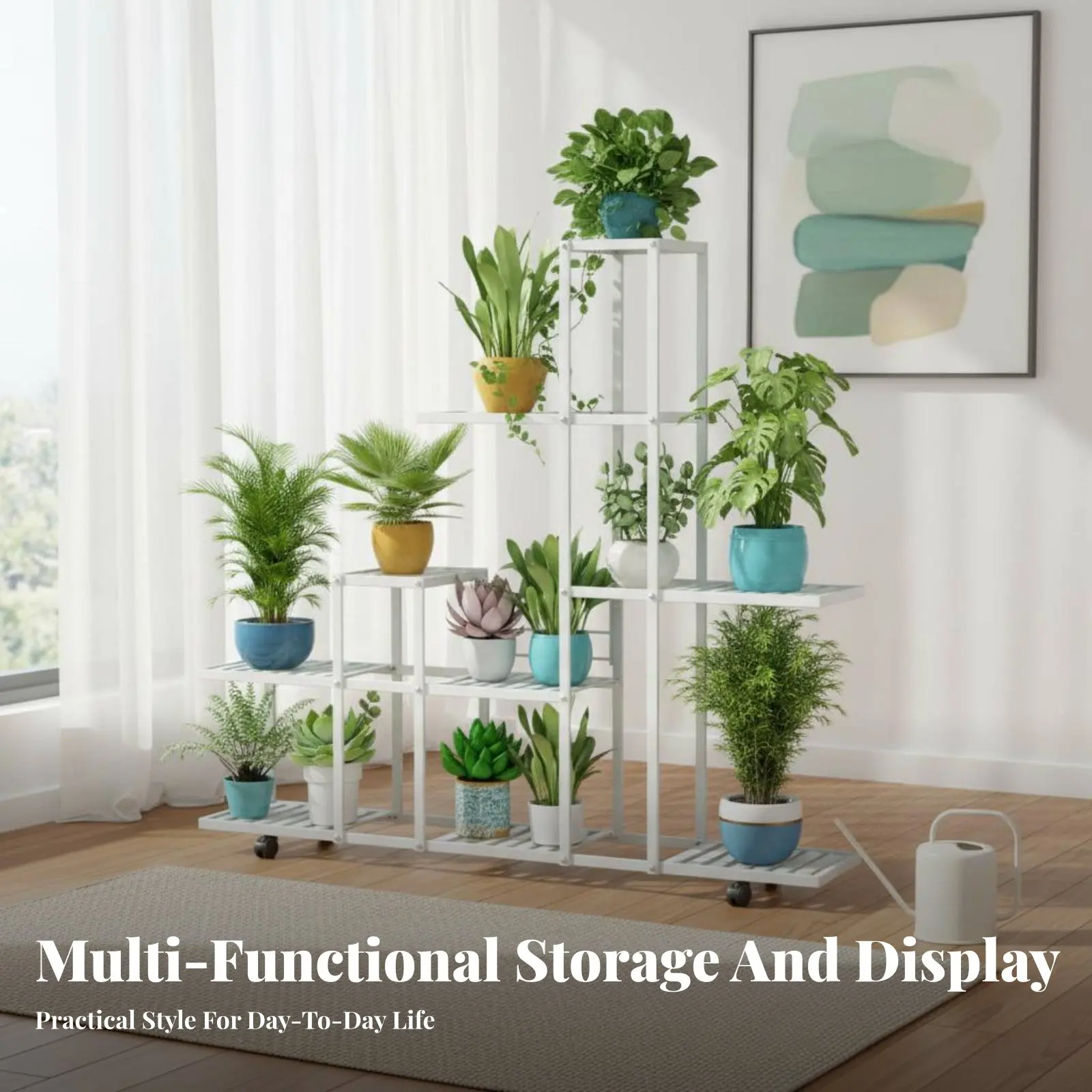 多層フラワーポットホルダー、フロアスタンド型5段ローリングプラントスタンド、省スペースで安定したベース、リビングルーム、コーナースペースに最適