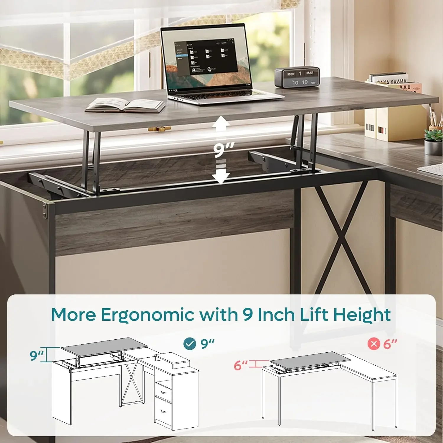 

Lift Top L Shaped Desk with File Drawer, 55'' x 55'' Office Desk with Reversible Storage Drawers