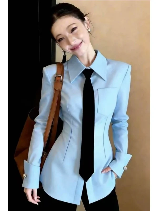 

Женская модная молодежная рубашка Slim Fit с воротником, длинными рукавами и зауженной талией, для повседневной носки