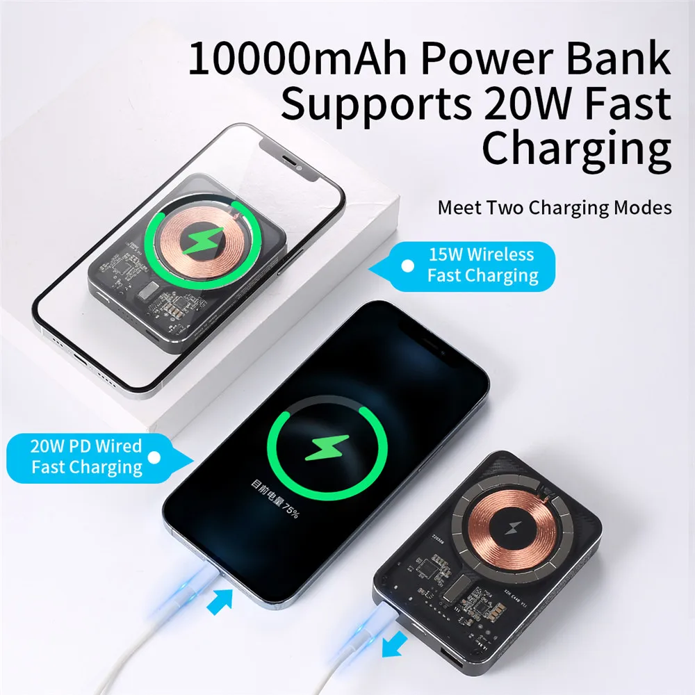 10000mAh 22.5W Power Bank Fast Magnetic Wireless Chargers For iPhone 13 12 11 Pro Max magsafe Xiaomi PD 20W transparent style