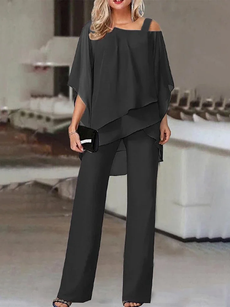 New Matching Collection Fashion Women\'s Bat Sleeve Top Casual Off Shoulder Party Elegant Wide Leg Pants Women\'s Two Piece Set