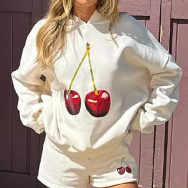 WPNAKS Top Women Hoodies Spring Autumn Clothes y2k Sweet Long Sleeve Cherry Hooded Sweatshirt Pullover Casual Tops Streetwear