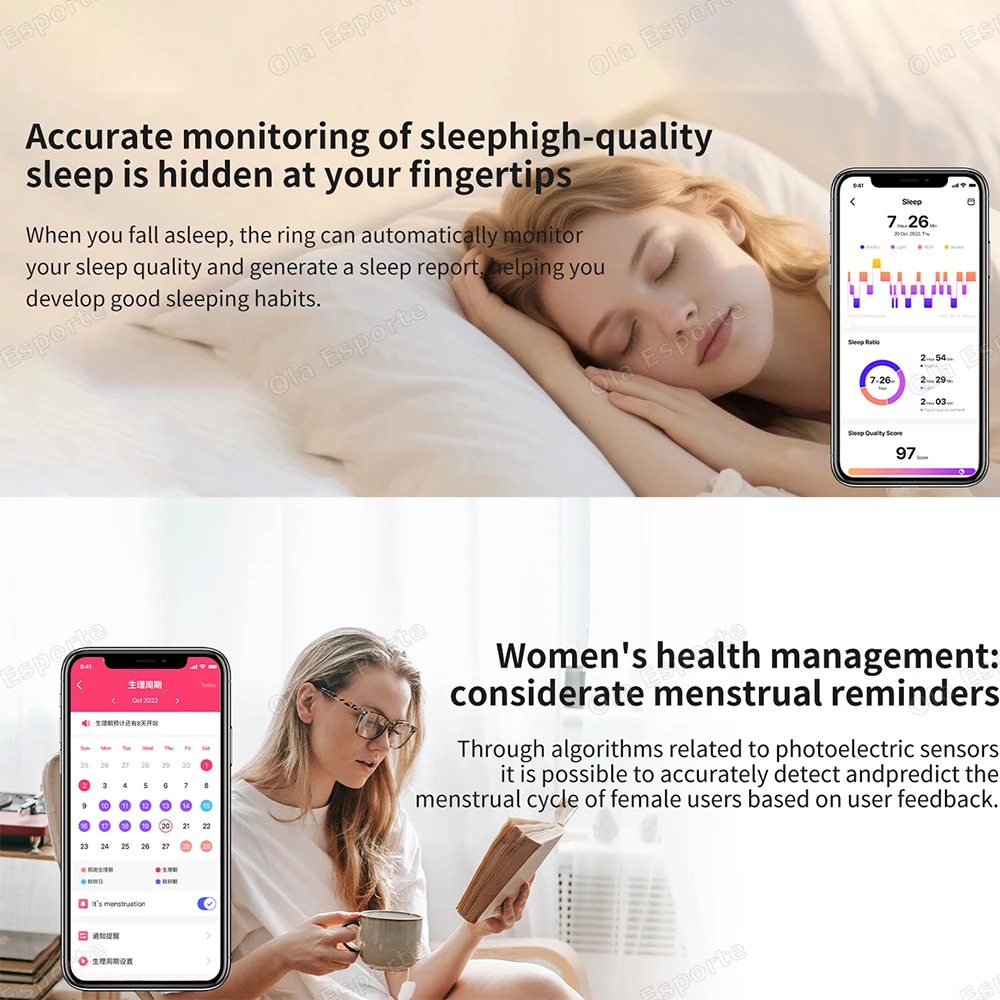 جديد الماس أزياء مختلف الألوان المتاحة المرأة الذكية الدائري مع صندوق للماء سيدة حلقة معدل ضربات القلب مراقبة الصحة الرياضة الدائري