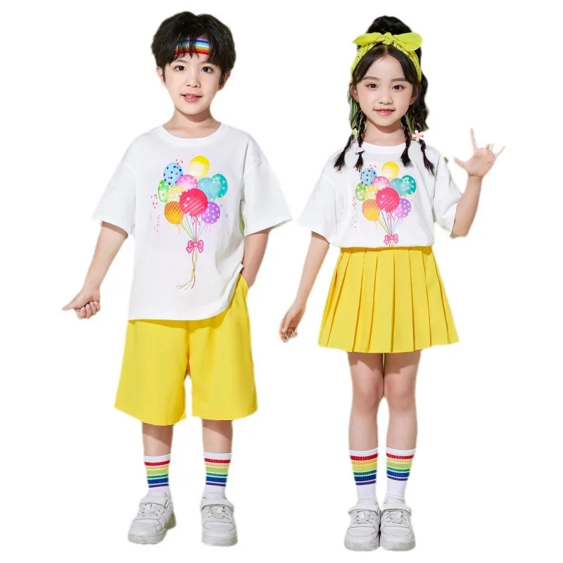 男の子と女の子のためのヒップホップダンスシャツとショーツ、社交ダンスコスチューム、ジャズ服、子供のためのステージ衣装、ファッション、黄色と白、4年間のスカート