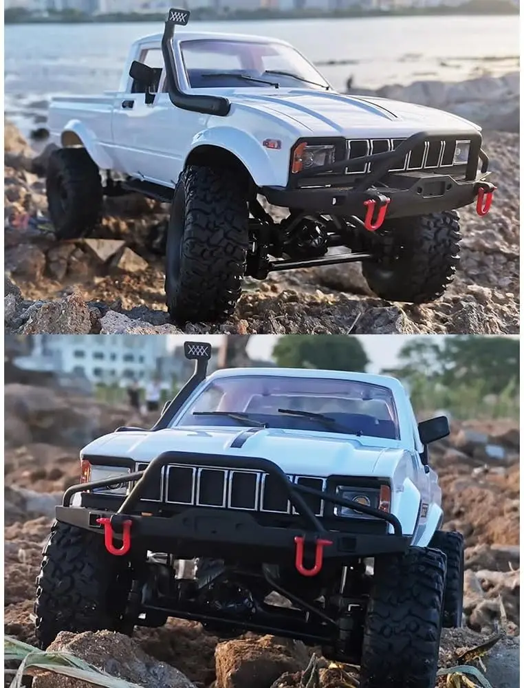 Remote Control Crawler Truck, 1/16 Scale 4WD All Terrain Off-Road Pickup, 2.4GHz Climbing Car with LED Lights, 2 Batteries for Adults, White