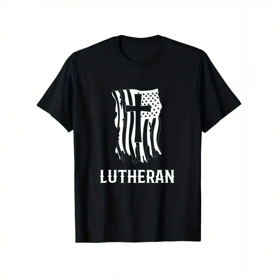 

Men's Patriotic Lutheran T-Shirt - USA Flag & Cross Design, 100% Cotton, Casual Short Sleeve|Smooth Texture
