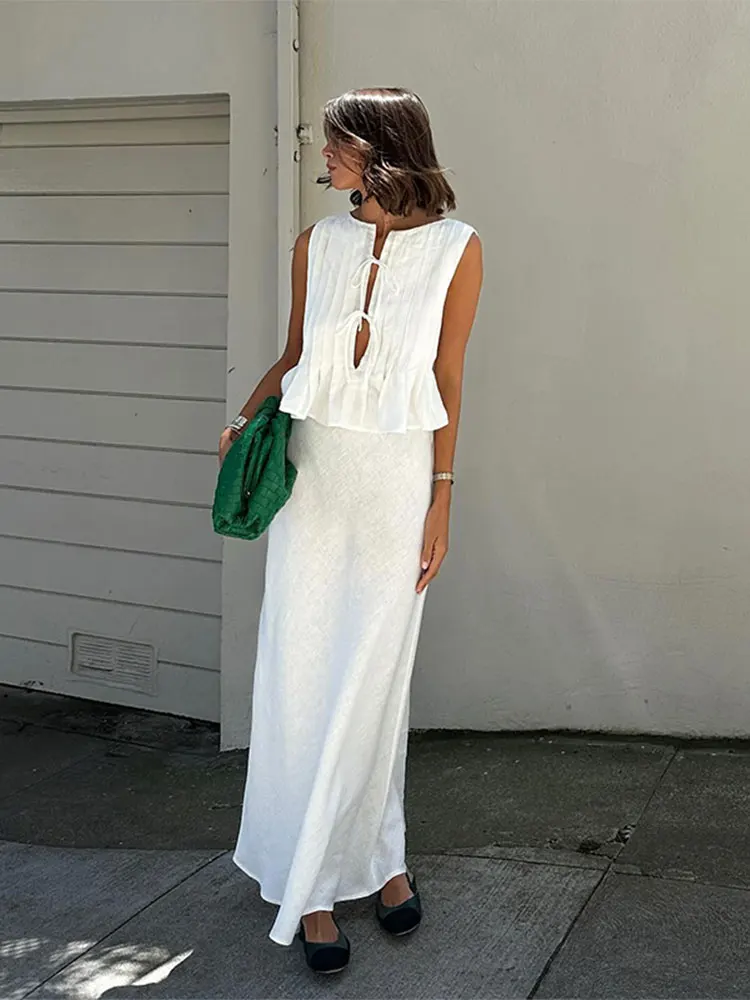 

Folded Ruffles Lace Up Top Women Suits Chic Sleeveless Shirt Long Skirt 2 Pieces Set 2024 Summer Lady Office Highstreet Outfit