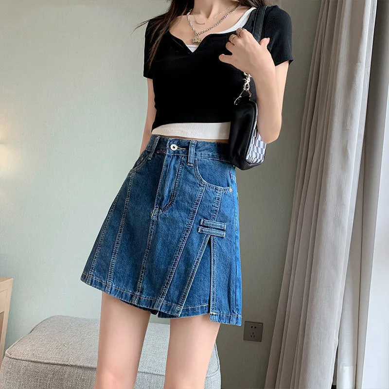 Fashion High Waist Denim Culottes Women Summer Design Baggy Jean Shorts Fake Two Pieces Lining Jeans Skirts Blue Pantskirt