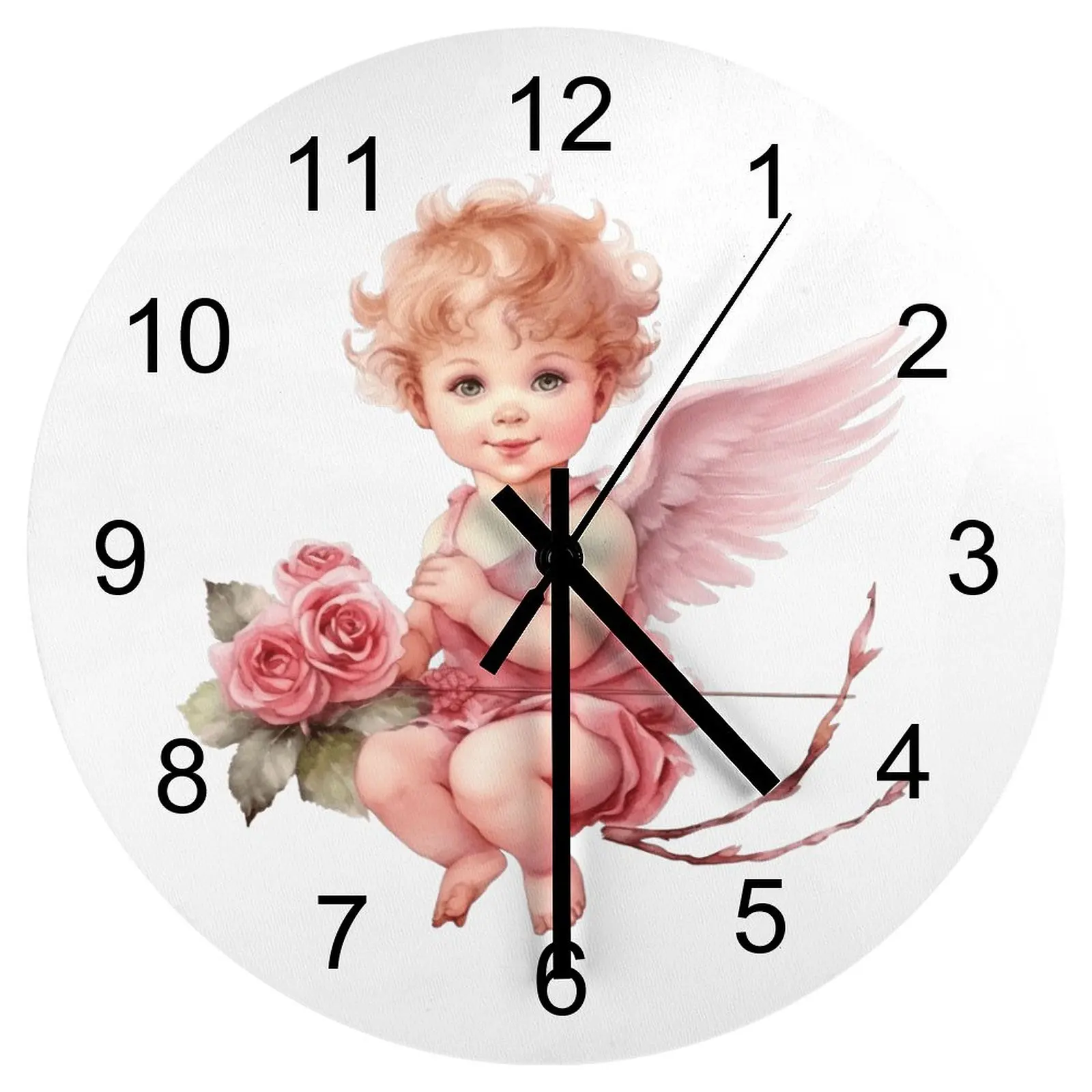 Nursery Wall Clock Wings Cherub Cupid Angel Clocks 12 inch Mute Wood Round Artistic Keyhole Hanging Retro