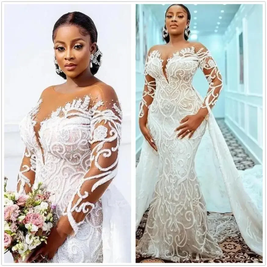 

Customized Plus Size Lace Mermaid Wedding Dresses 2025 With Detachable Train Sheer Long Sleeves Beaded Lace Appliqued Bridal Gow