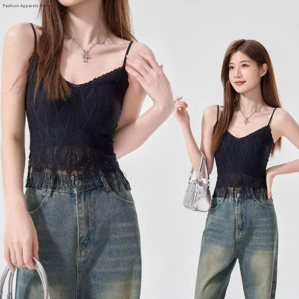 

Slim Fit Tassel Lace Mesh Camisole Seamless Sleeveless Lace Crop Top Deep V Thin Suspender Vest with Pads Ladies