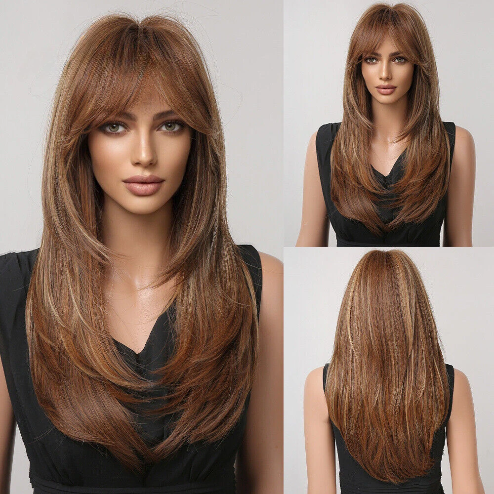 

Long Layered Brown Daily Wig for Women Straight Blonde Highlights Synthetic