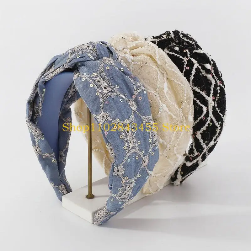 

49MC Sequin Headband Embroidery Hair Band Hair Hoop Headpiece for Daily Wear