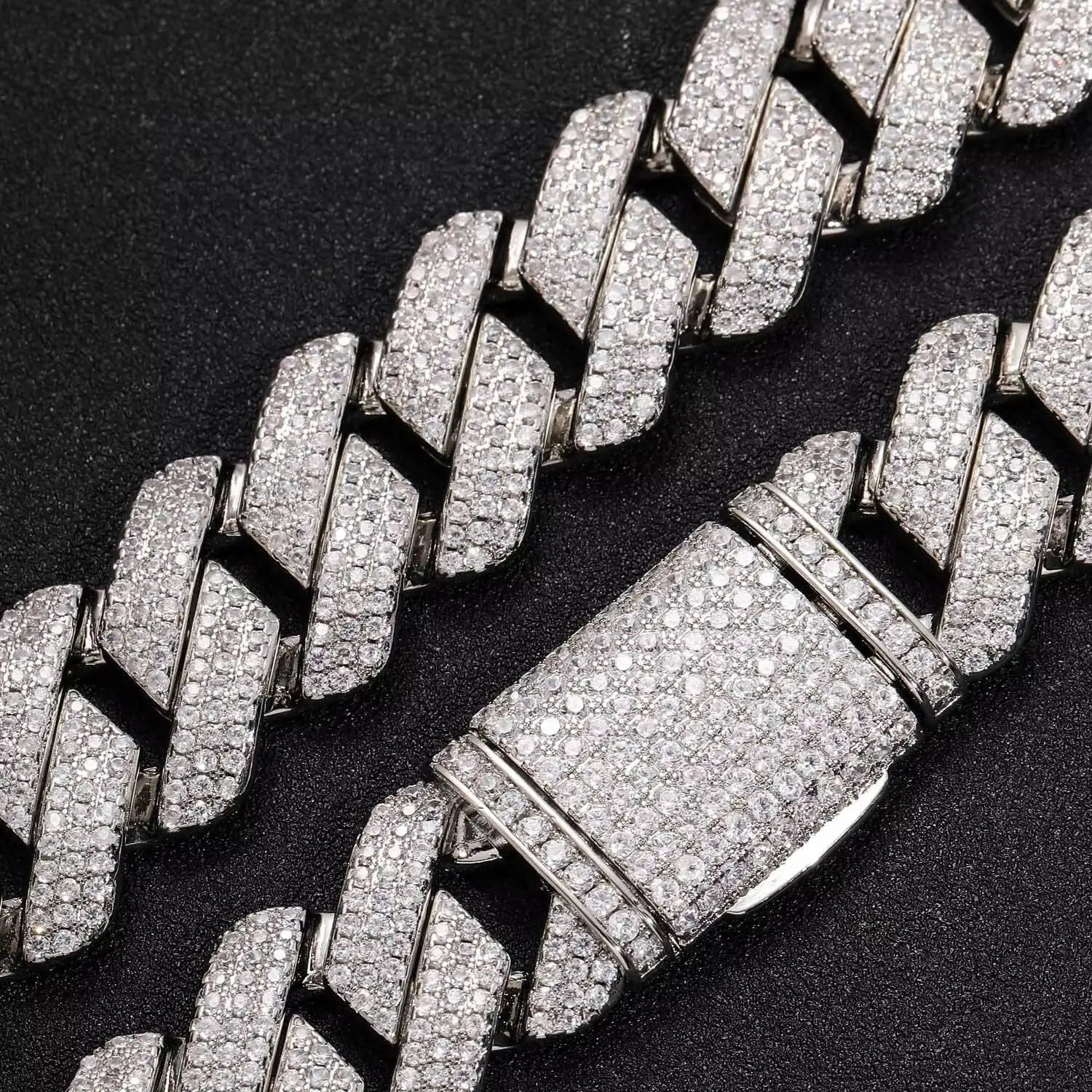 Luxury 925 Silver Moissanite 20mm Three-Row Diamond-Shaped Cuban Chain Men's Necklace Custom-Made Certificate.