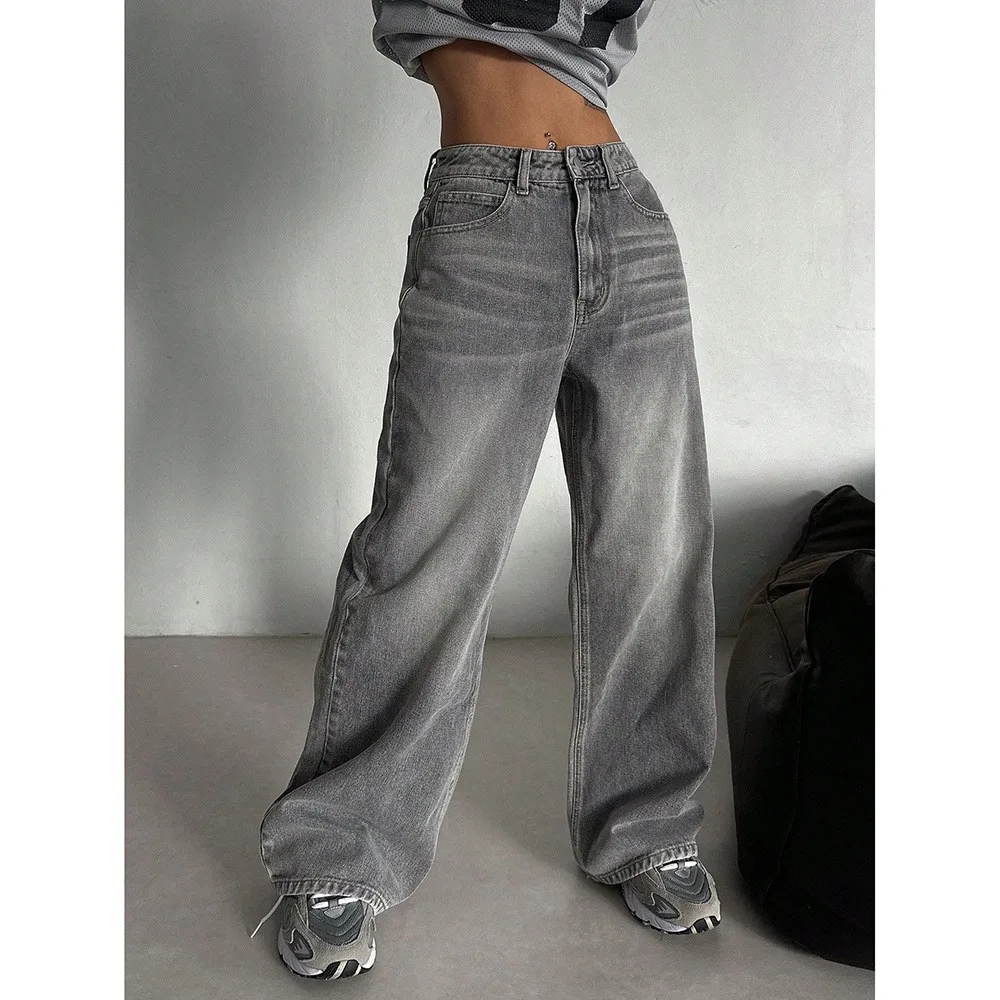Y2K Baggy Jeans Women's High Waist Cotton Denim Pants Oversized Gray Wide Leg Denim Jeans Relaxed Fit Faded Wash Jeans Pants