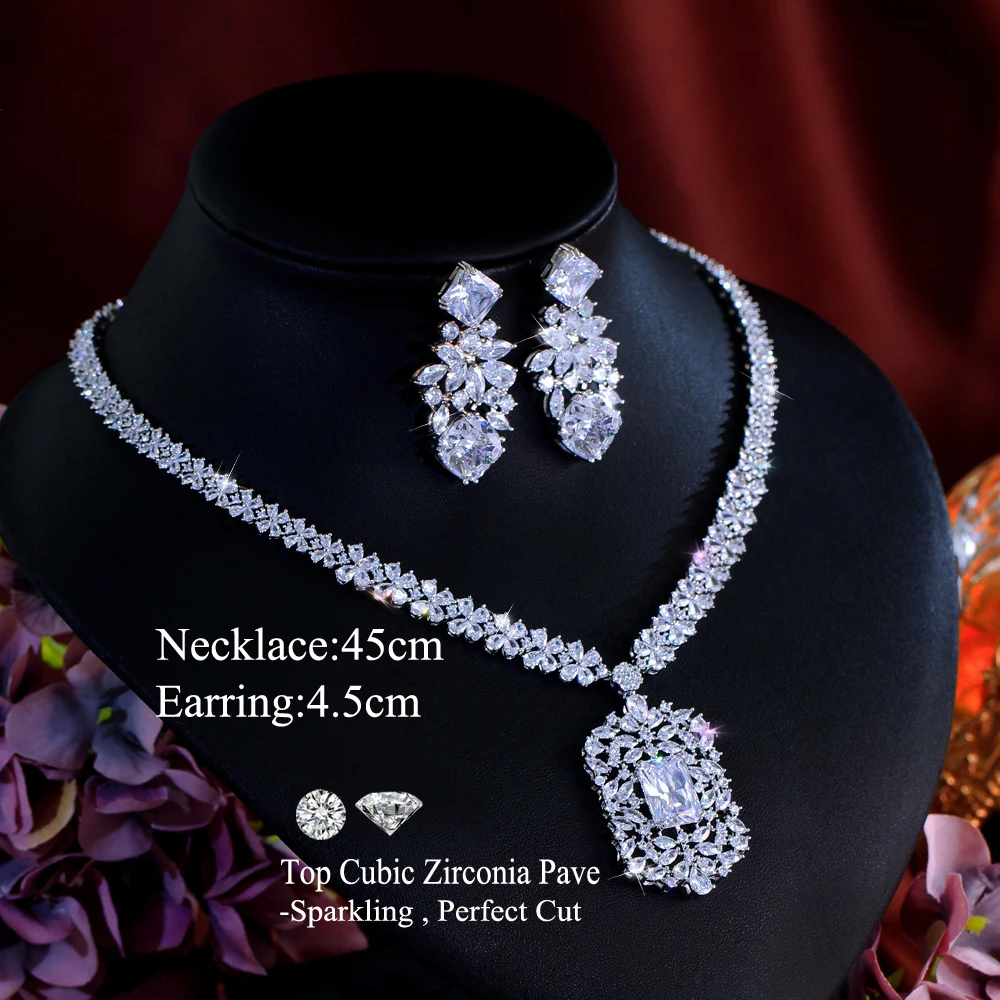 CWWZircons Prachtvolle Dubai Königsblaue Kubische Zirkonia Große Blumen-Braut-Halskette Schmucksets Hochzeitsfeier Damen-Accessoires T0721 – Detail 1