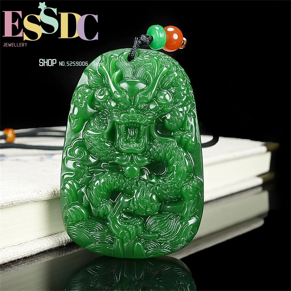 Natural Hotan Jade Dragon Soaring Across the World Spinach Green Necklace Pendant Fashion Retro Sweater Chain Accessories