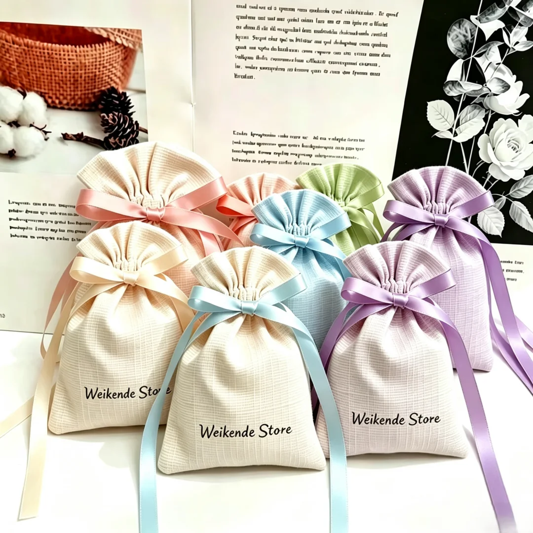 50Pcs Personalized Logo Natural Bamboo Cotton Drawstring Jewelry Pouches Muslin Canvas Packaging Bags for Wedding & Party Favors