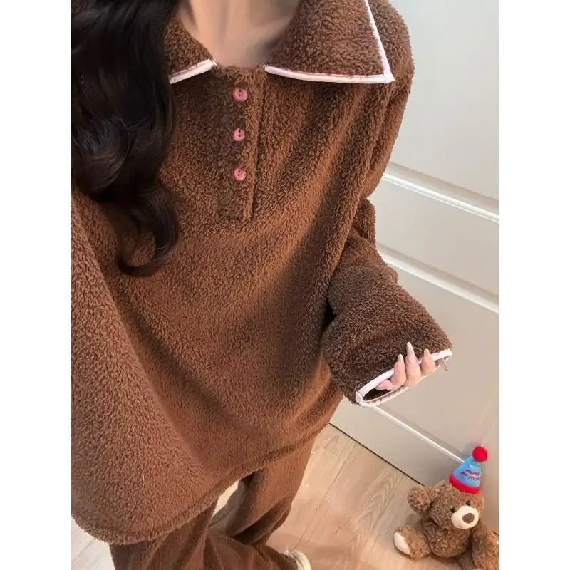 

Women's Pajama Set Comfortable Sleepwear Coral Fleece Winter Thick Plush Pajamas for Women Soft Warm Homewear Cozy Loungewear
