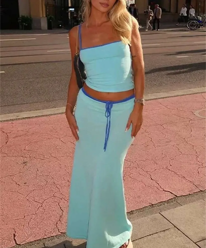 Cyan Contrast Trim Cami Top Mermaid Skirt Set Y2k Square Neck Sleeveless Slim Fit Outfit 2026 Street Casual Vacation Daily Sets