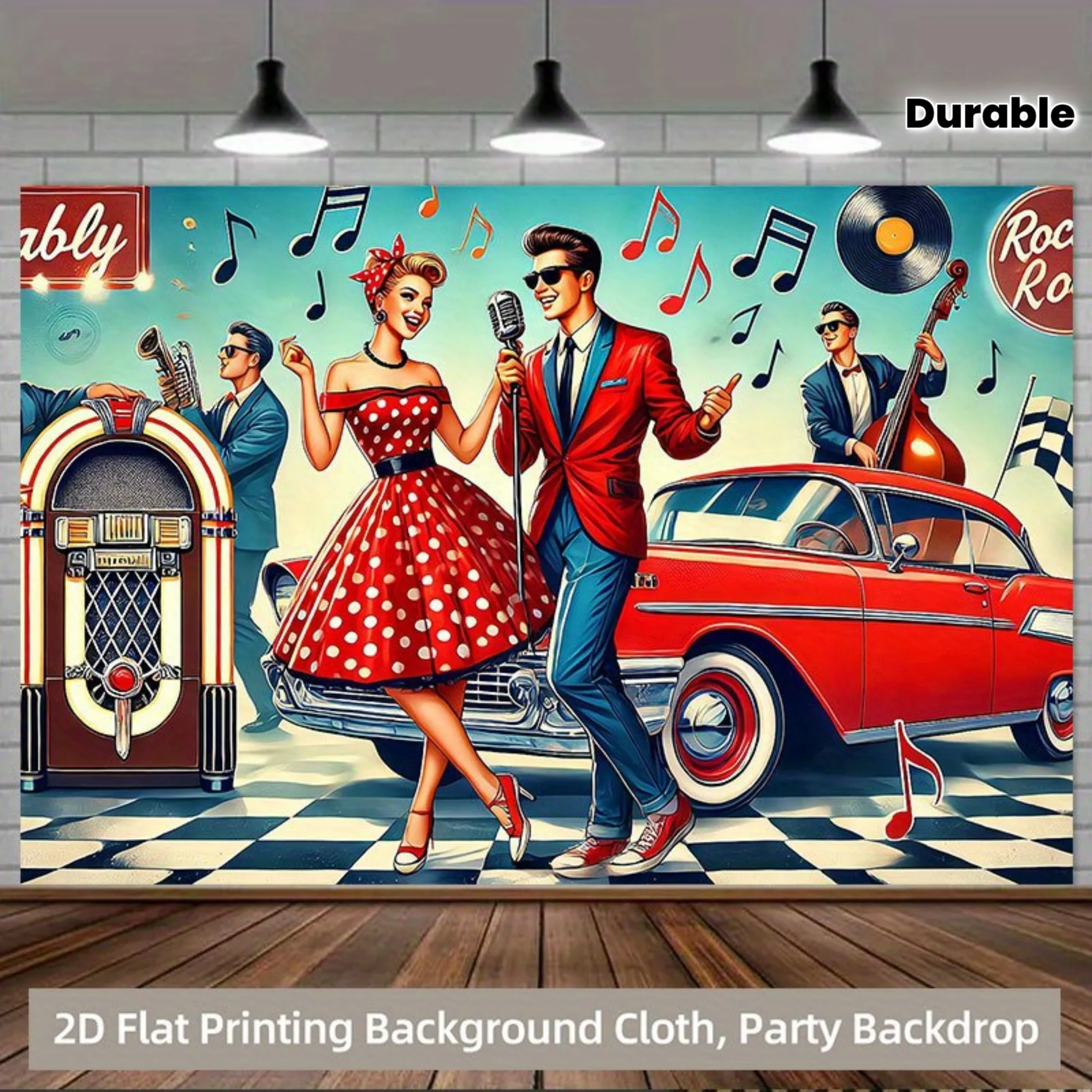 2D flat, 1pc retro music party background - retro 1950s rock theme with red cars, microphones and speakers