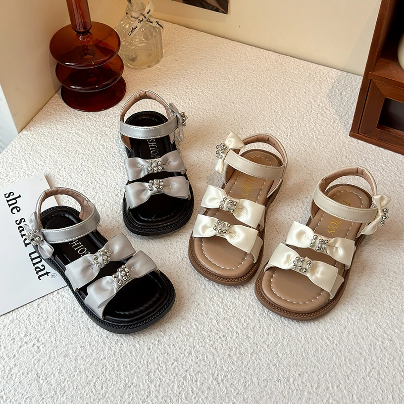 

Детские сандалии с бантом для девочек, открытые сандалии на липучке, летние пляжные туфли для девочек 2025, размер 36