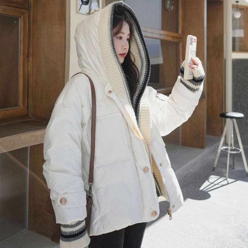 Beige gestrickte Spleiß-Daunenjacke mit Kapuze für Damen, Winter, 2022, neuer koreanischer Stil, Design Sense 90, weißer Entendaunenmantel