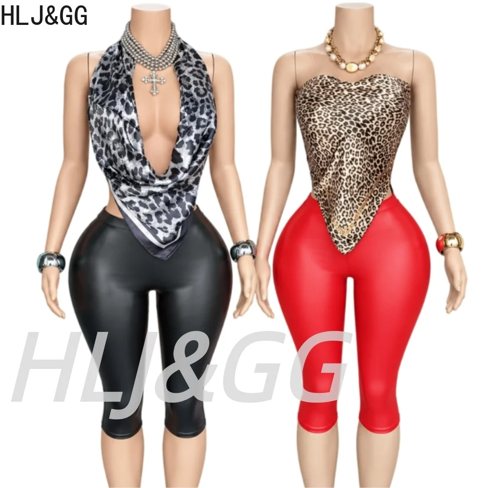 HLJ&GG Y2K Leopard Print Matching 2pcs Set Women Sleeveless Tube Top And High Waist Leather Capris Skinny Fit Streetwear Outfits