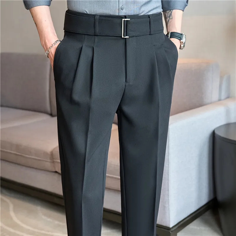 Elastische Taille einfarbige gerade Hose, Herren Business Casual Gürtel formelle Anzug hose. hochwertige Western-Hose