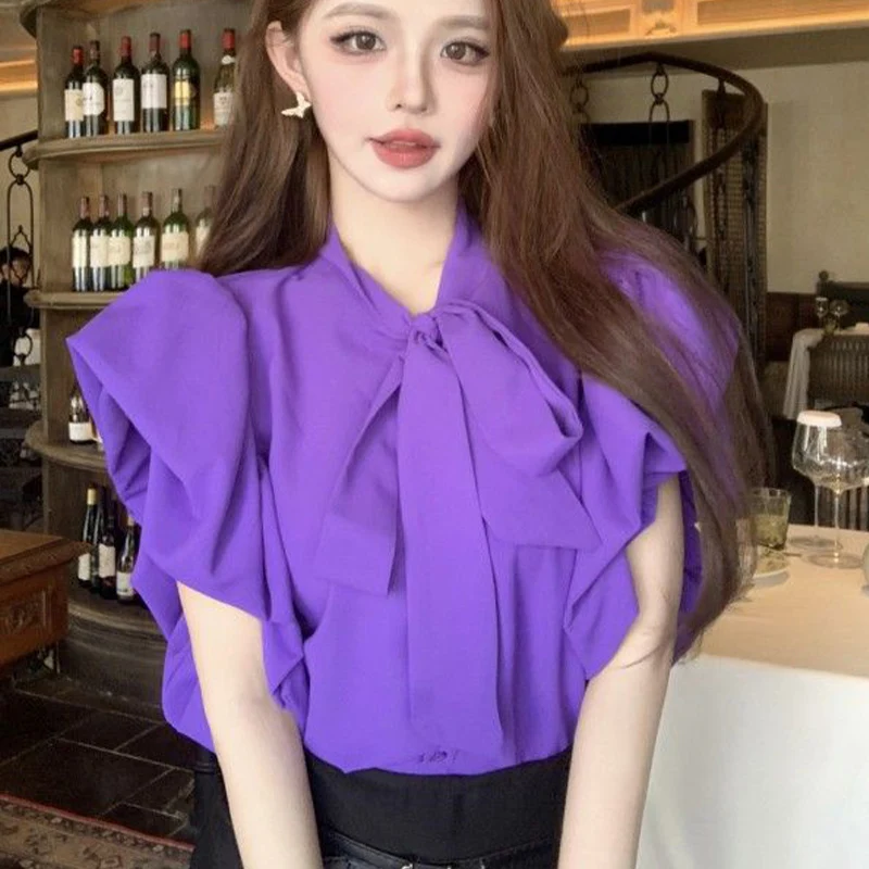 Temperament Bow Drawstring Fashion Elegant Purple Short Sleeved Shirt Summer Original Design Sexy Casual Solid Color Women\'s Top