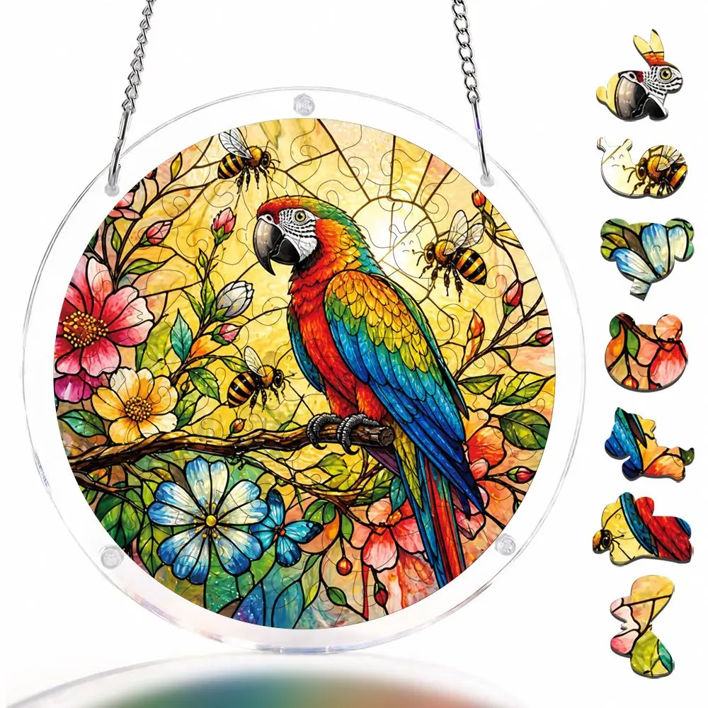 Parrot And Bee Floral Stained Glass Style Acrylic Puzzle Garden Suncatcher, 57 Pieces Acrylic Jigsaw Puzzle Ornaments