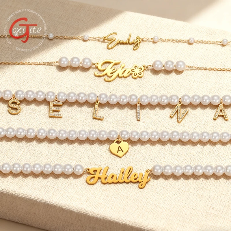 

Goxijite Customized Name Imitation Pearl Necklace For Women Girls Stainless Steel Personalized Letter Necklaces Jewelry Gift
