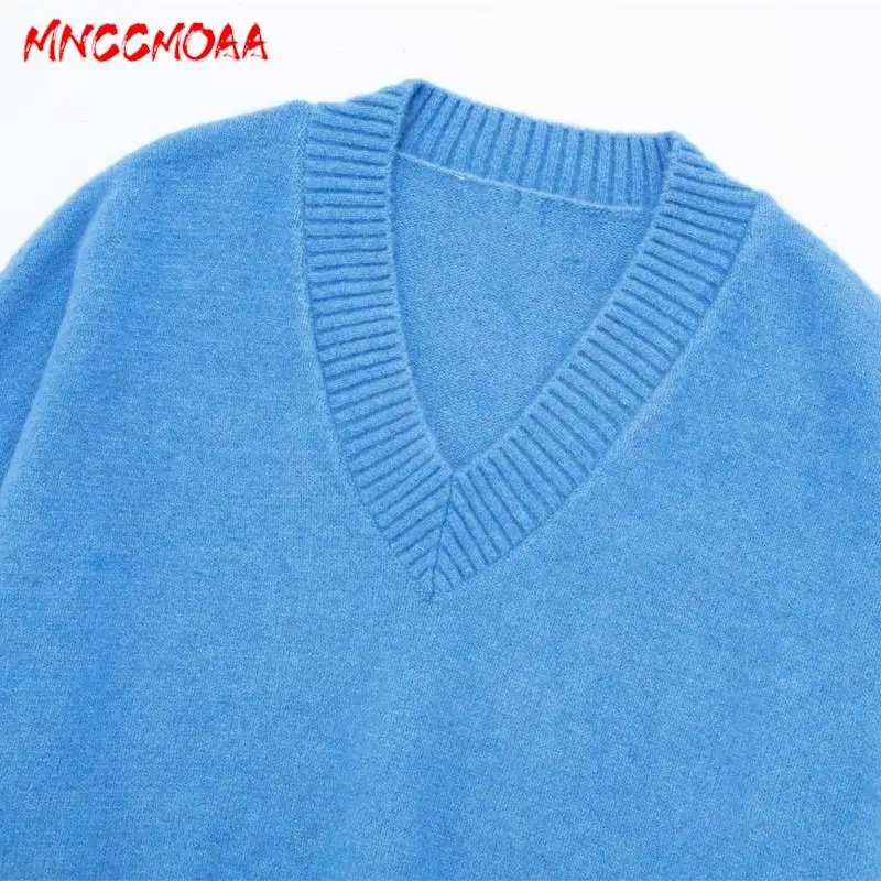 MNCCMOAA 2023 Winter Women Fashion Loose V-Neck Knit Sweaters Female Solid Color Casual Long Sleeve Top Pullover