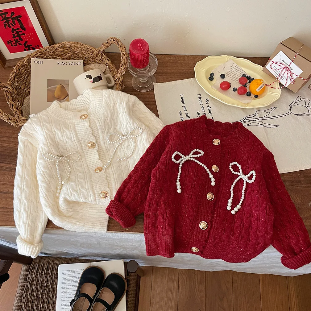 Girls' Fried Dough Twists Sweater Cardigan Girls' Knitwear Autumn Winter Fashion Pearl Bow Decoration Children's Knitting Top