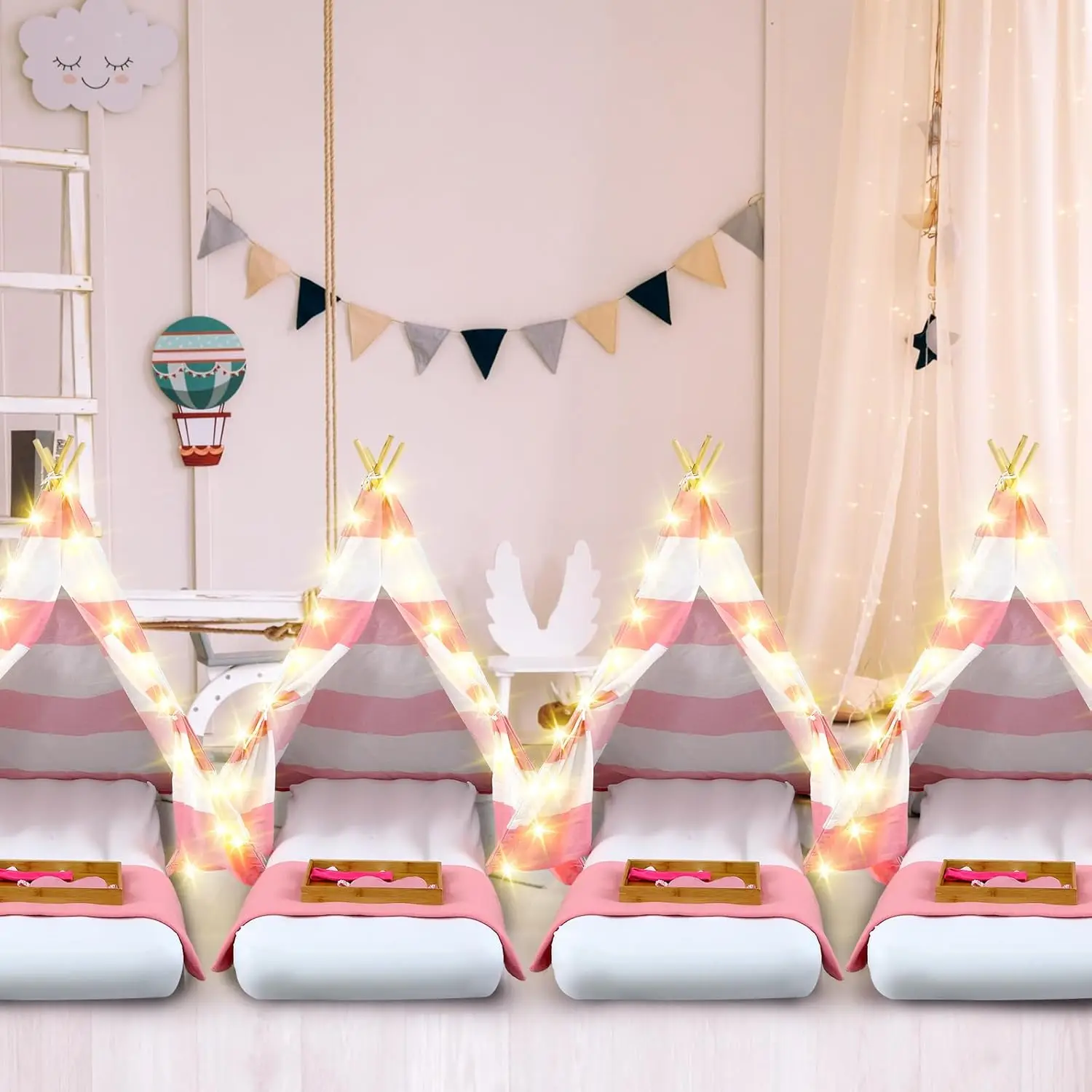 

6 Pack Teepee Tent for Kids Bulk with Inflatable Airbed String Light Fitted Sheet Natural Cotton Washable Toddler Play Tent