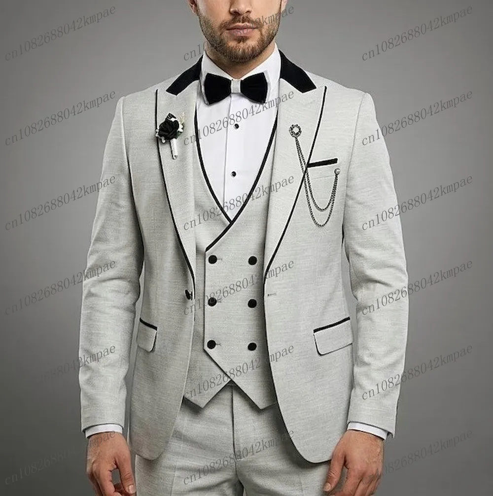 

Grey And Black Formal Men Suit Groom Groomsman Wedding Party Prom Business Male Tuxedos 3 Piece Set Blazer Vest Pants