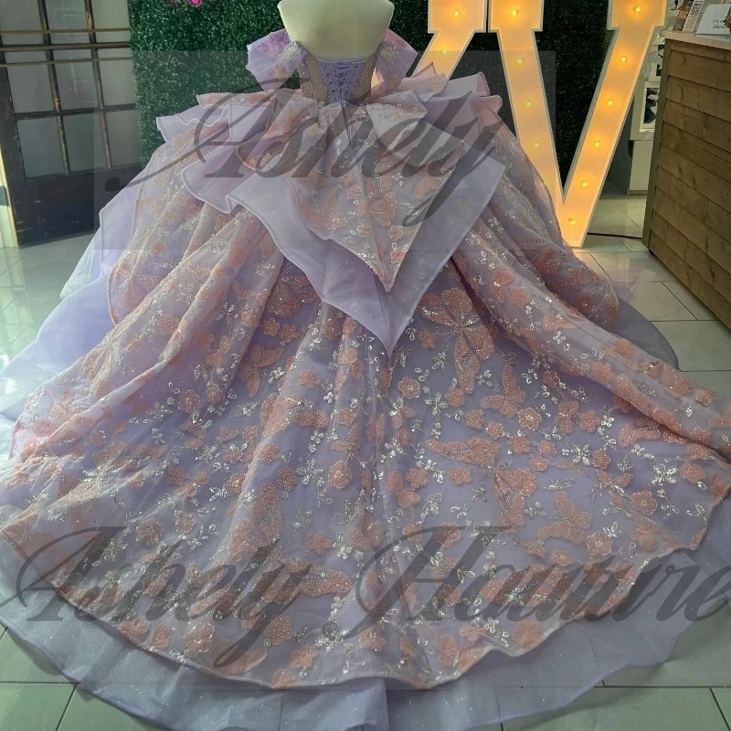 Lindo lavanda princesa 15 anos de idade menina quinceanera vestidos borboleta em camadas saia inchada baile ocasião usar vestido anos novo