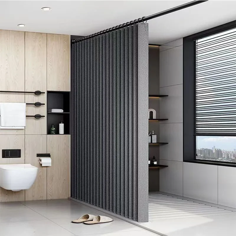 Folding Shower Curtain Telescopic Rod with Double-sided Magnetic Suction Toilet Cover Curtain,Without Water Barrier