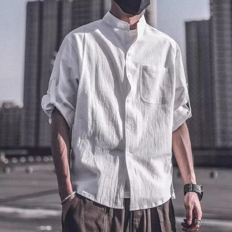 Men's Short Sleeve Shirt Linen Stand Collar Lightweight Breathable Tops Casual with Pocket Loose Single Breasted Shirts