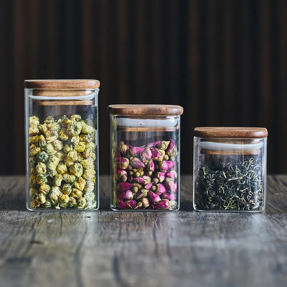 

3Pcs Glass Tea Jar with Wood Lid Airtight Storage Containers for Coffee Beans Sugar Cereals Dried Fruits Pantry Kitchen