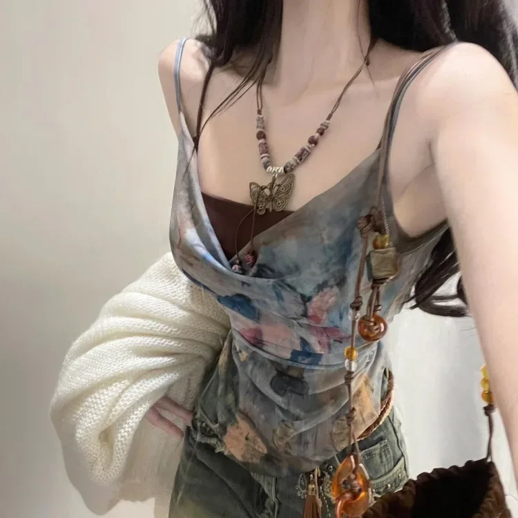 American Retro Butterfly Print Layered Tank Top 2024 Summer New Sleeveless Tops Y2k Irregular Slim Fit Vest Two Piece Sets