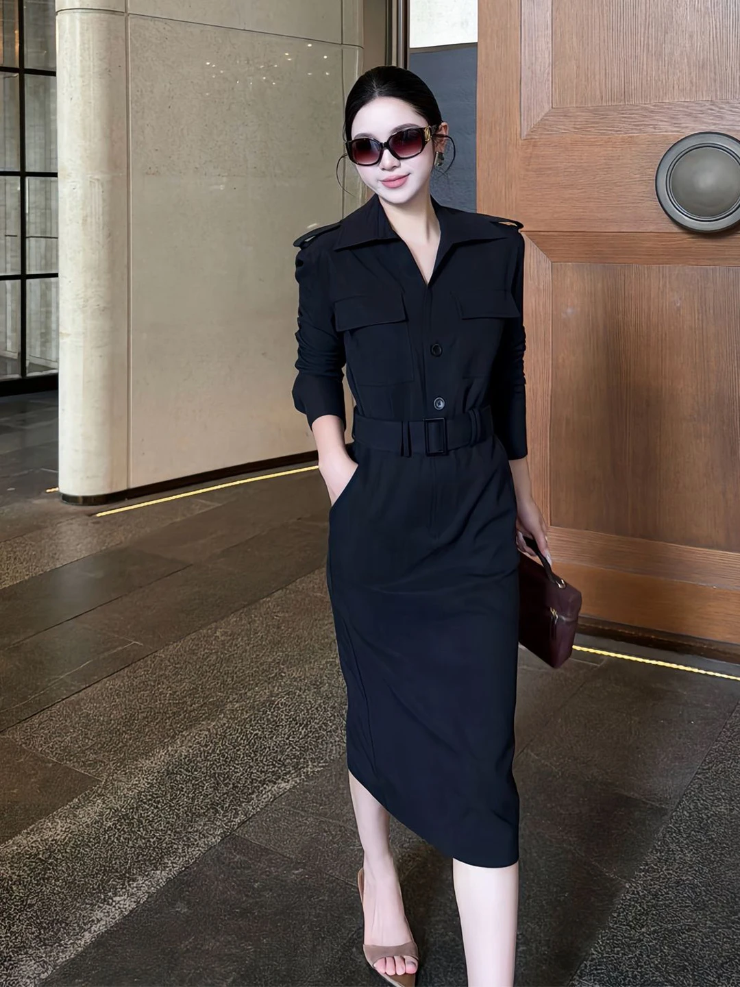 Elegant Black Wrap Waist Coat And Shirt Dress Women's Autumn Fashion High Waist Commute Style Online Exclusive Long Sleeve
