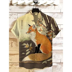 Men's Tree Fox Japanese Art Print Linen Blend Short Sleeve Shirt Harajuku Shirts Hipster Button Down Shirt Homme Casual Shirts