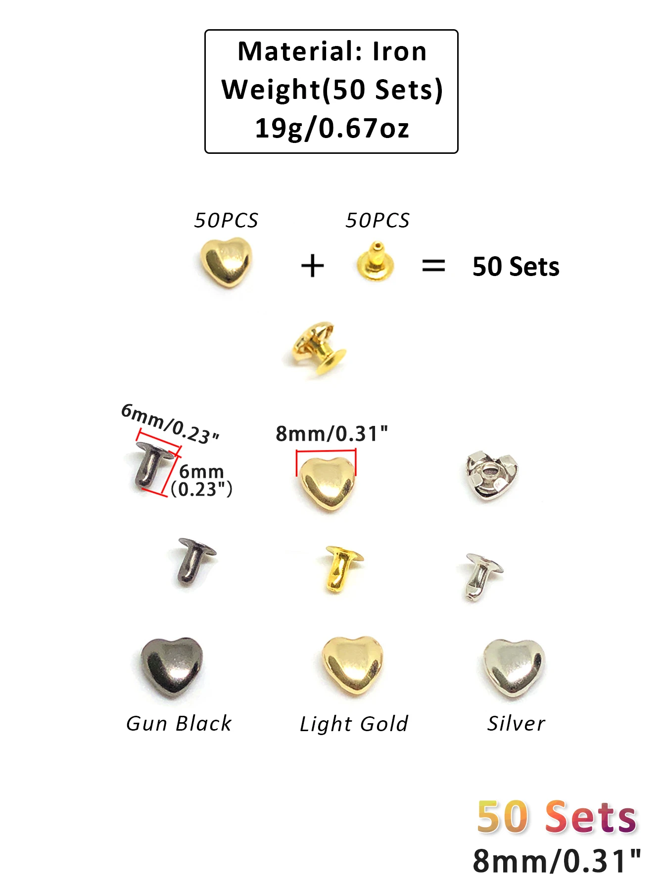 50 Sets Metal Heart Shape Decoration Stud Rivets for Belt Clothes Purse Handbag Leather Craft DIY Embellishments Accessories