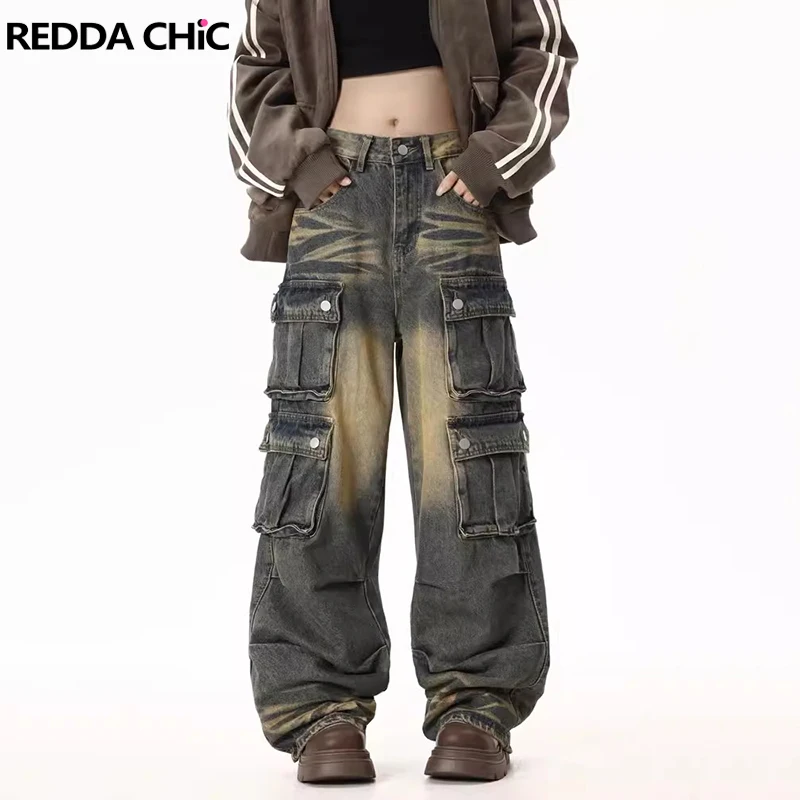 

ReddaChic Cargo Pockets Whiskers Baggy Jeans Women Distressed Pintuck High Waist Wide Leg Denim Pants Hiphop Vintage Work Wear