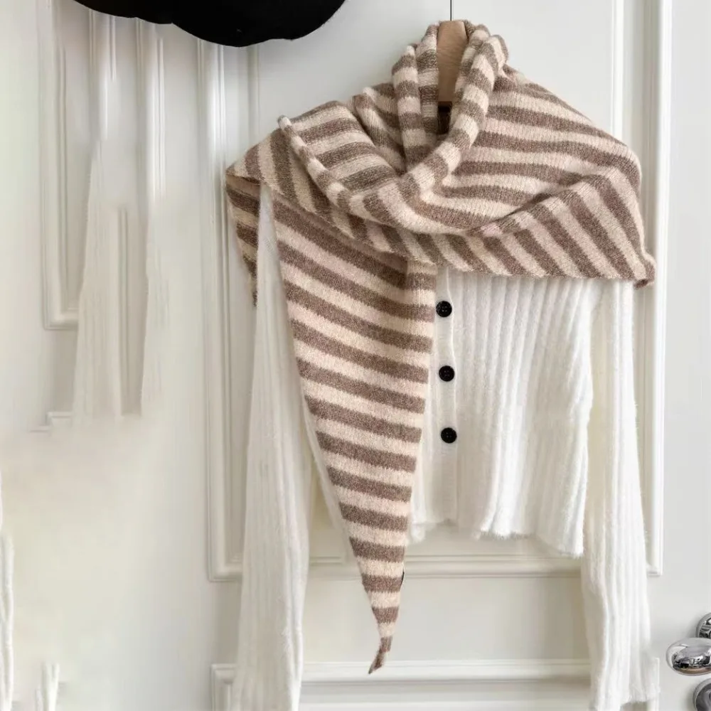 

Soft Korean Style Striped Scarf Plush Cashmere Knitted Triangle Scarf Thickened Neck Warmer Winter Shawl Girls